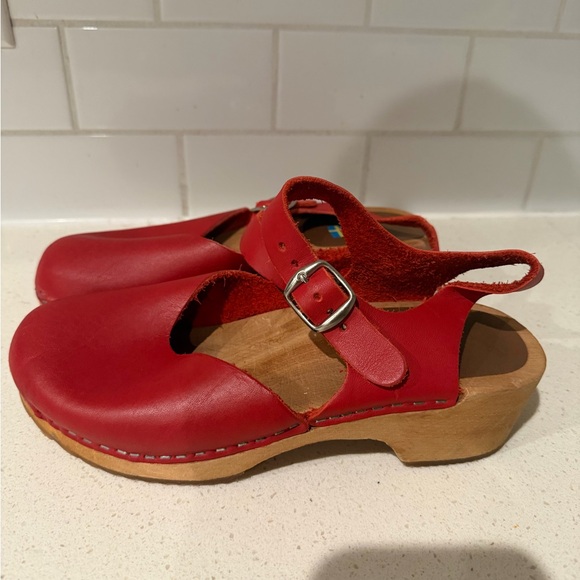 Swedish Red Leather Clogs with Wooden Sole Size 40 - Picture 10 of 12